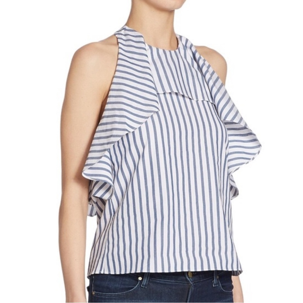 Alice + Olivia Blue and White Striped Ruffle halter top Blouse